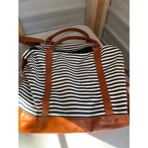 Striped Duffle Bag Carry On Weekender Tan Faux Leather Accents Navy White